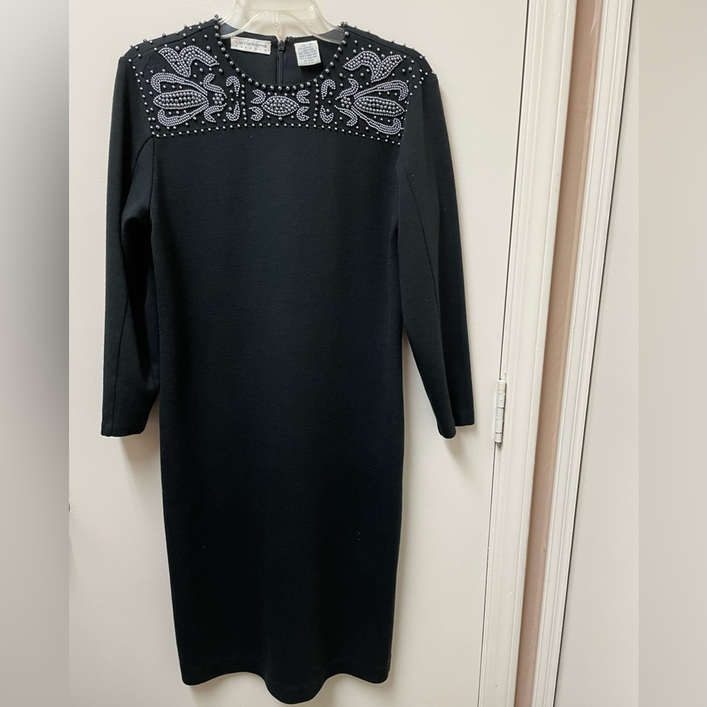 Liz Claiborne black with gray pearls dress Size S. Classic style